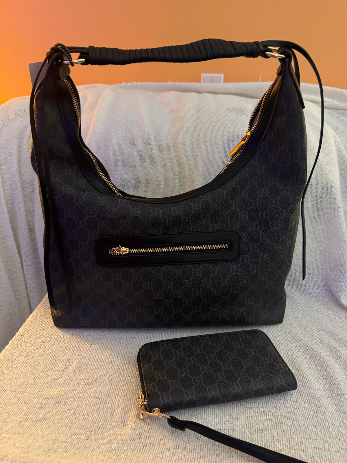 Black monogram GG hobo bag set with wristlet wallet - side view