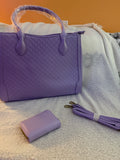 Lavender purple embossed tote bag with matching wallet and crossbody strap