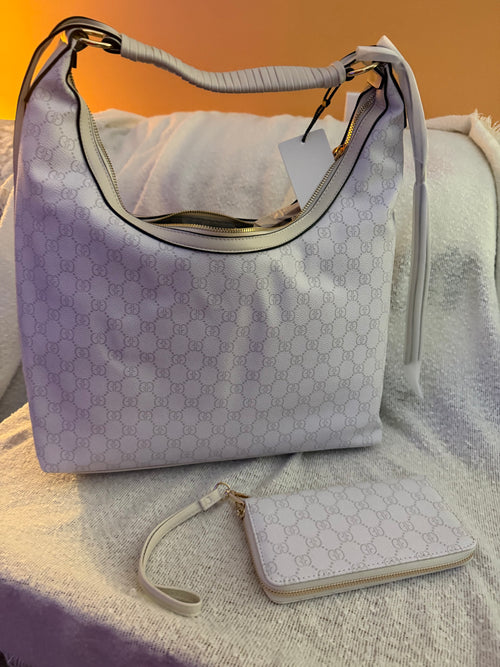 White/lavender monogram GG hobo bag set with matching wristlet wallet - front view