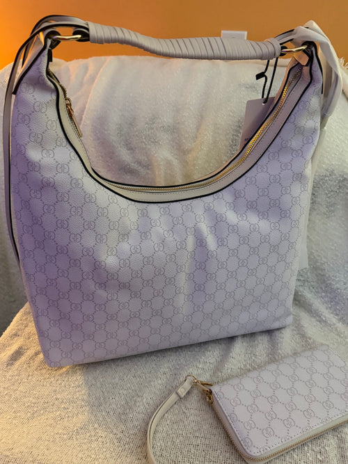 White/lavender monogram GG hobo bag set with wristlet wallet - side view